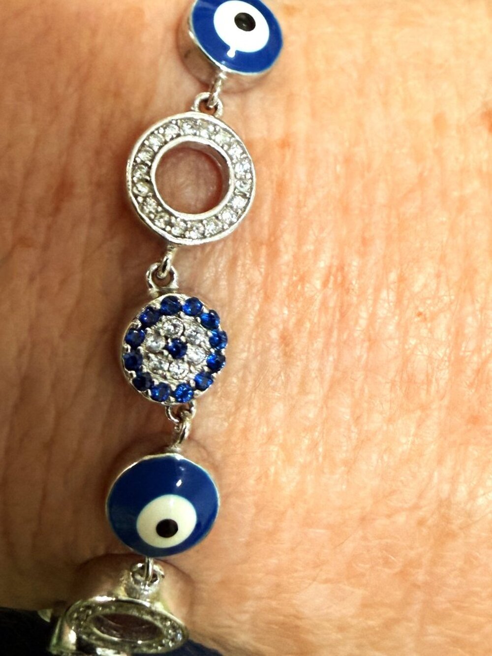 Evil Eye Cubic Zirconia Glass Bead Adjustable Sterling Silver (925) Bracelet